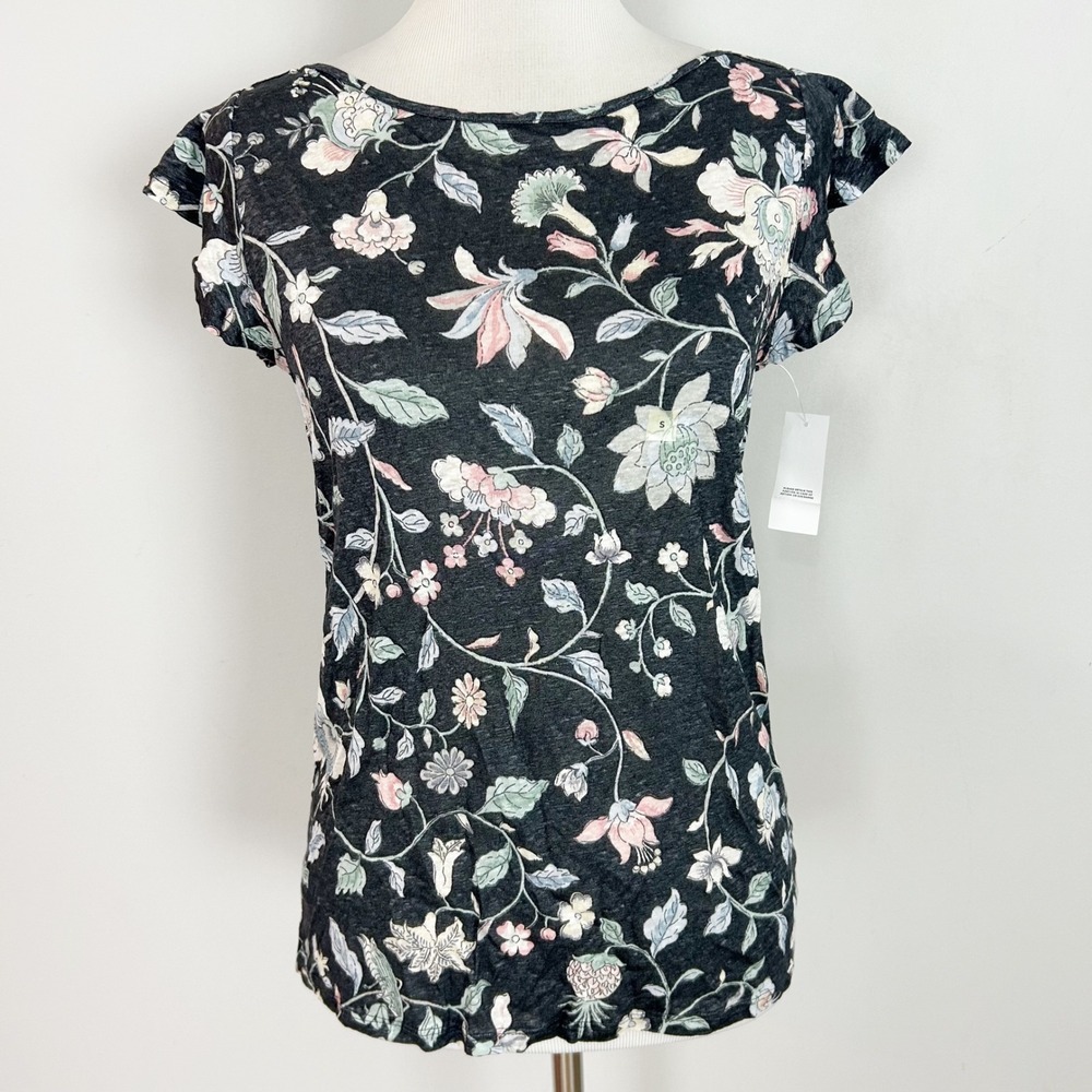 NEW Loft Top Gray Linen Floral Ruffle Short Flutter Sleeve Size Small Women's
